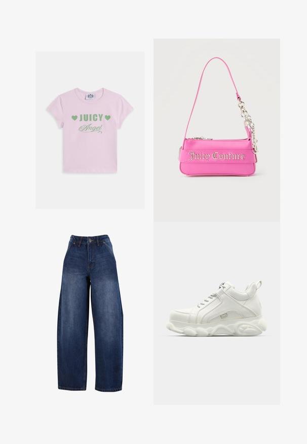 Rosa Baumwoll-T-Shirt mit kurzen Ärmeln, grünem Schriftzug "JUICY" und "Angel" mit Herz-Akzenten sowie rundem Ausschnitt.; Dunkelblaue Jeans mit weitem Bein, hoher Taille, fünf Taschen und Knopfverschluss. Der Stoff hat eine leichte Ausbleichung und eine glatte Textur.; Weiße Sportsneaker mit einem glatten Lederobermaterial, abgerundeter Sohle und strukturiertem Akzent. Ausgestattet mit Schnürsenkeln und einem Zugband auf der Rückseite.; Kleine, leuchtend pinke Juicy Couture Handtasche mit silbernen Kettendetails und Logo-Schriftzug auf der Vorderseite, schmaler einzelner Schulterriemen.