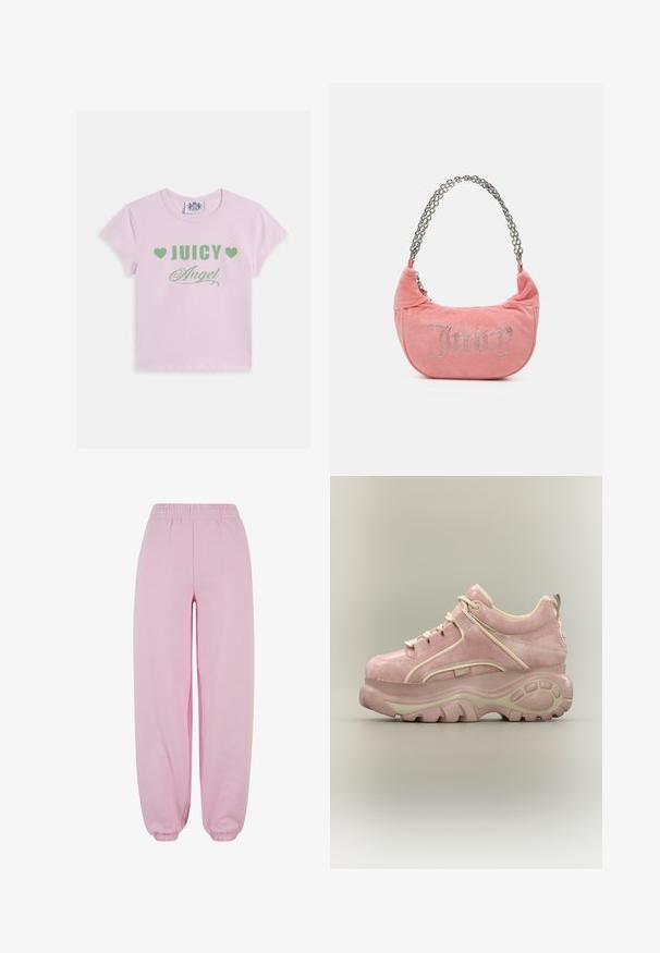 Camiseta de algodón rosa con mangas cortas, con texto verde que dice "JUICY" y "Angel" con detalles de corazones, y escote redondo.; Urban Classics Pantalones deportivos - softpink; Zapatilla deportiva de plataforma en ante rosa con suela gruesa y texturizada, cordones crema y acabado beige sobre un fondo gris liso.; Juicy Couture KIMBERLY SMALL SET - Bolso de mano - pink