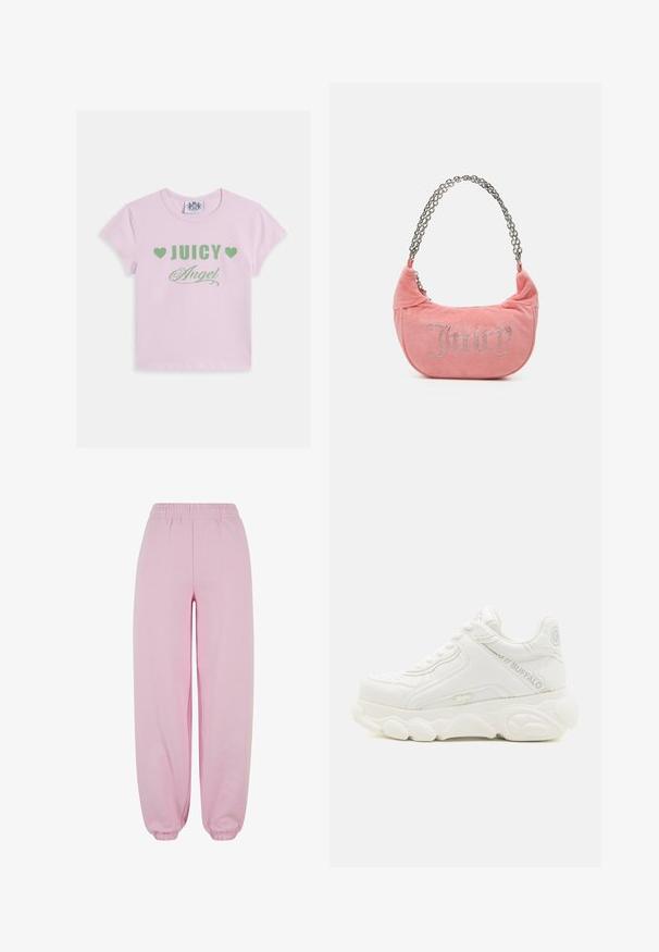 Camiseta de algodón rosa con mangas cortas, con texto verde que dice "JUICY" y "Angel" con detalles de corazones, y escote redondo.; Urban Classics Pantalones deportivos - softpink; Zapatilla deportiva blanca gruesa con suela gruesa, diseño con cordones y marca "Buffalo" en el lateral y el talón.; Juicy Couture KIMBERLY SMALL SET - Bolso de mano - pink