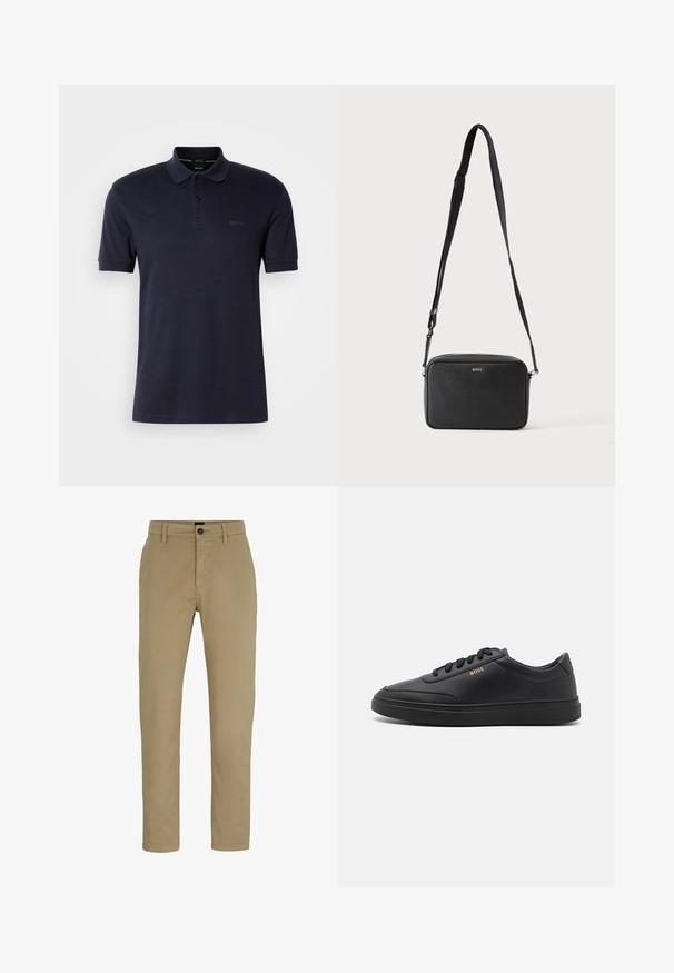 Polo en coton navy avec une texture douce, patte de boutonnage à deux boutons, manches courtes et logo discret sur la poitrine gauche. Design simple et classique.; Chinos en coton beige avec une coupe ajustée, devant plat et fermeture par bouton. Comprend des passants de ceinture et des poches latérales pour plus de fonctionnalité.; Baskets en cuir noir avec une texture lisse, bout rond, semelle en caoutchouc plate et lacets ton sur ton. Présente une marque "BOSS" dorée sur le côté.; Sac bandoulière rectangulaire noir avec sangle réglable et logo BOSS sur le devant, sur un fond clair uni.
