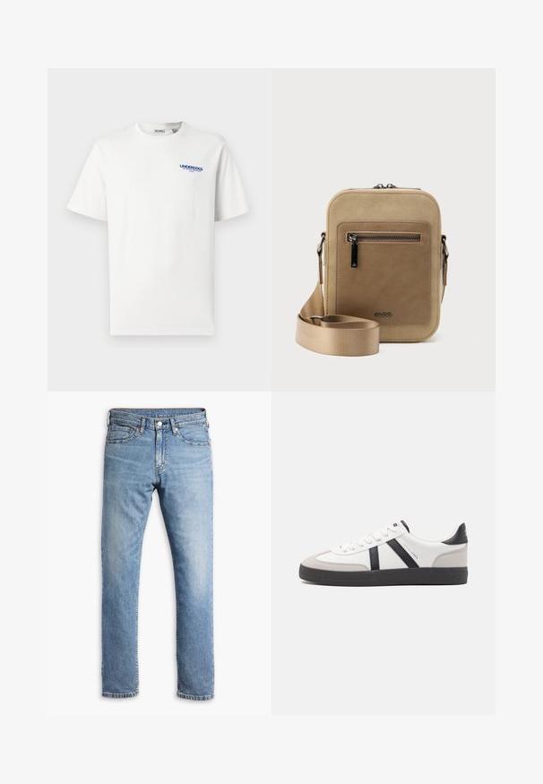 Hvid kortærmet t-shirt med rund hals, udstyret med lille blåt "UNDERDOGS" tekst samt yderligere mindre tekst på den øverste venstre bryst.; Lyseblå denim jeans med straight-leg design, fem lommer, kontrasterende syninger og en knap- og lynlåslukning i taljen.; Hvide sneakers med sorte og grå detaljer, med en tekstureret grå tåhætte, sort gummisål og flade hvide snørebånd. Rent design, minimalistisk stil.; Lille beige crossbody-taske med lynlåslomme foran, metal ALDO-logo, justerbar bred rem og rundet rektangulær form på hvid baggrund.