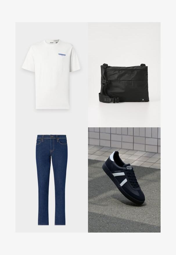Witte t-shirt met korte mouwen en ronde hals, voorzien van kleine blauwe tekst "UNDERDOGS" en extra kleinere tekst op de bovenste linkerkant van de borst.; Donkerblauwe denim jeans met een recht model, voorzien van subtiele stiksels, vijf zakken en een knoopsluiting bij de taille.; Zwarte leren sneaker met witte strepen, een gestructureerde rubberen zool en vetersluiting aan de voorkant. Voorzien van een merklabel op de tong.; Zwarte nylon boodschappentas met verstelbare riem, plat ontwerp en een zijlabel met een logo. Soepele textuur en minimalistische stijl.