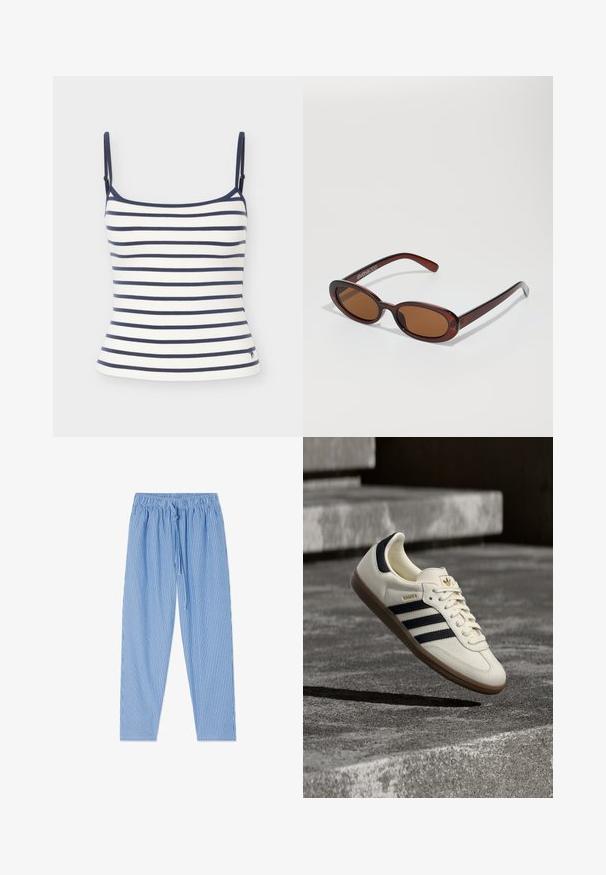 Hvid tanktop med marineblå vandrette striber og tynde justerbare skulderstropper på en lys baggrund.; Blå og hvide lodrette stribede bukser med elastisk talje og snøre, lagt fladt på hvid baggrund.; Hvid Adidas Samba sneaker med sorte striber og gummsål, svævende over teksturerede grå betonstrin.; Runde, bruntonede solbriller med en glansfuld bordeauxramme. Slanke arme med diskret brandingdetalje. Flad linsedesign.