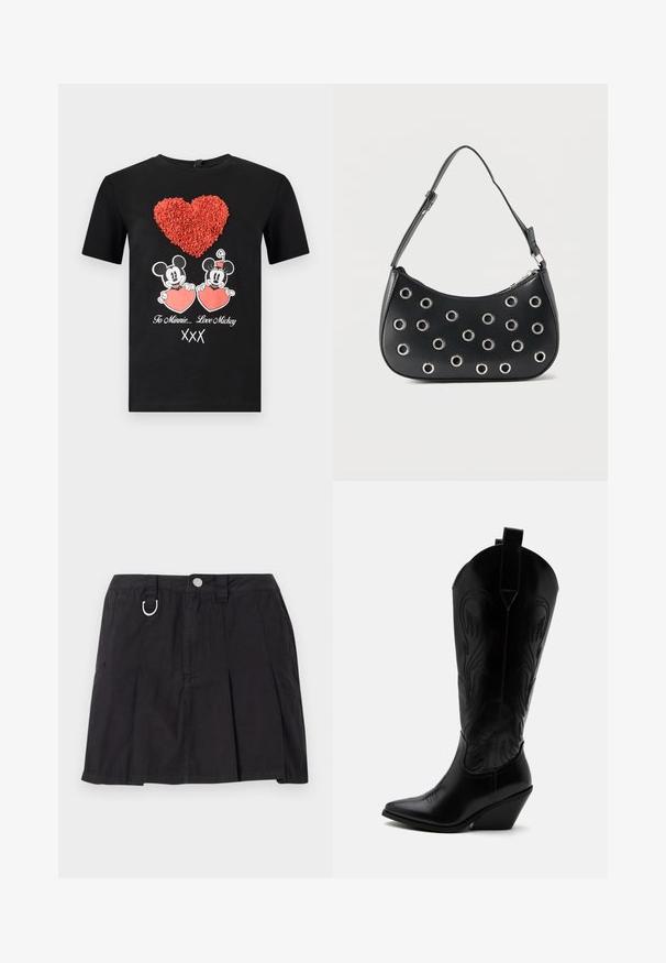 ONLY ONLMICKEY VALENTINE - Trükipildiga T-särk - black; Must have musteljakotist valmistatud must pleiditud seelik, millel on ees nupuga sulgemine, vööloopsud ja D-rõngas aktsent vöökohal.; Mustast nahast kauboi saabas terava varbaosaga, kaldus kand, dekoratiivse õmblusega ning nööpidega üleval valge tausta peal.; Mustast nahast õlakott reguleeritava rihmaga, millel on hõbedased metallist silmusekaunistused ja pealmine luku suletav osa.
