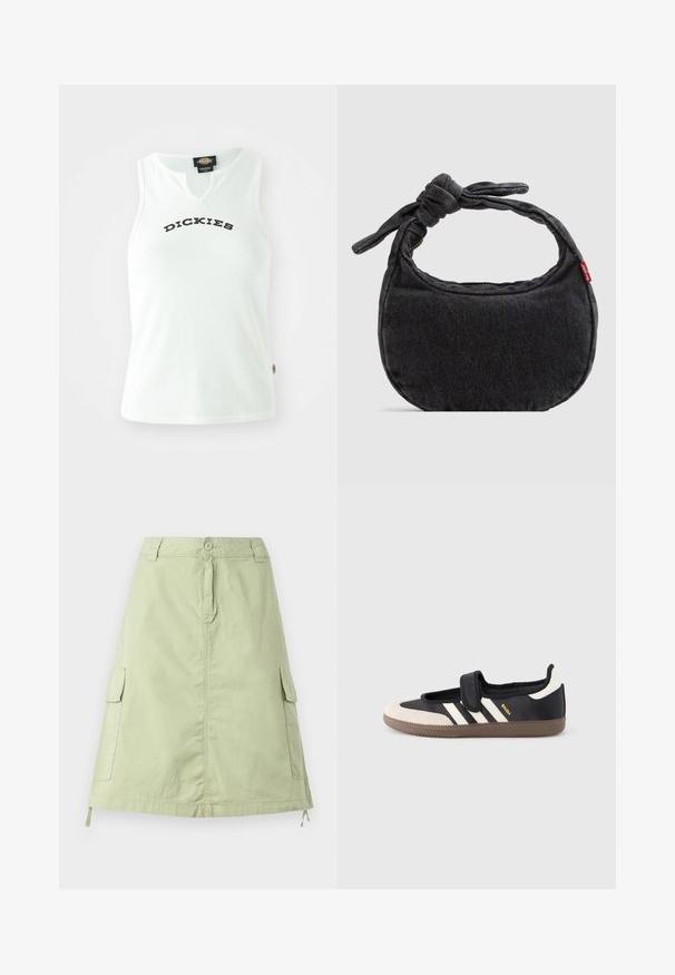 Hvid ribbet tanktop med V-halsdesign, prydet med ordet "DICKIES" i fede sorte bogstaver hen over brystet. Uden ærmer.; Lys grøn bomuldsknælang nederdel med to sidelommer, en knaplukning og en afslappet lige pasform. Ensartet tekstur.; Sort og beige sko med velcrolukning, tre hvide striber på siden og en tekstureret brun gummisål. Mærkelogo er synligt.; Lille sort denim skuldertaske med knyttet rem og lynlåslukning, med en rød Levi's stofetiket på siden.