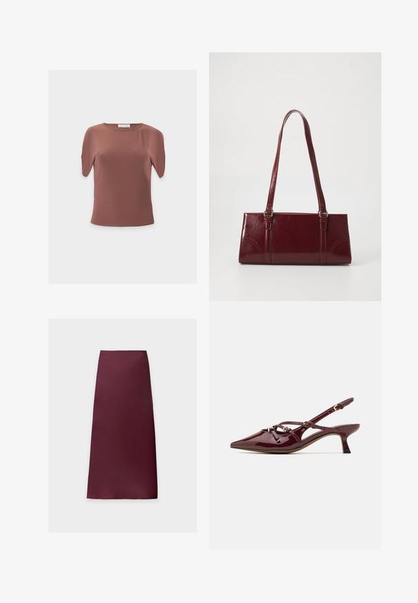 Haut femme à manches courtes, marron, col rond, avec une texture lisse et une étiquette indiquant "Anna Field" au niveau de l'encolure arrière.; Jupe midi droite de couleur bordeaux foncé unie, en tissu lisse sans motifs ni ornements visibles.; Escarpin en cuir verni bordeaux avec nez pointu, petit talon, détails de bride décoratifs et finition brillante.; Sac à main bordeaux en matériau brillant, de forme rectangulaire, avec deux anses et des accents légèrement courbés à l'avant.