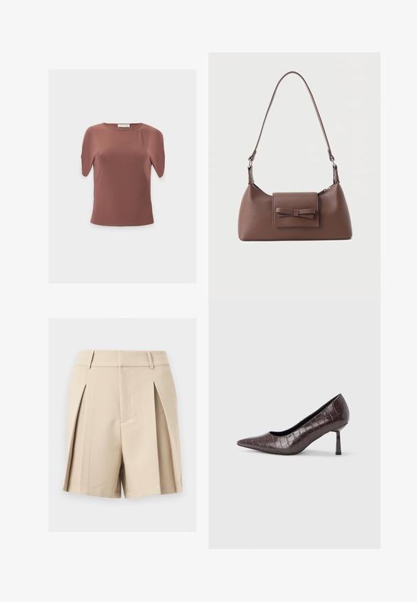 Haut femme à manches courtes, marron, col rond, avec une texture lisse et une étiquette indiquant "Anna Field" au niveau de l'encolure arrière.; Shorts beige taille haute, coupés sur mesure, avec passants de ceinture et plis avant, présentés sur un fond neutre.; Escarpins à bout pointu en similicuir marron avec une texture crocodile, dotés d’un talon fin et angulaire ainsi que d’une doublure intérieure lisse.; Sac à bandoulière en cuir marron avec une poche à rabat avant ornée d'un détail en forme de nœud cousu et une sangle réglable.