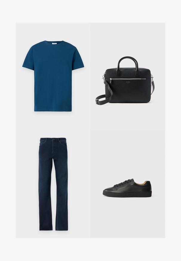 Camiseta de cuello redondo de color azul oscuro, hecha de algodón suave, con mangas cortas y una textura simple y lisa, con un corte recto.; Jeans de mezclilla azul oscuro con piernas rectas, cinco bolsillos, cierre de botón y costuras en contraste a lo largo de las costuras.; Zapatilla negra de cuero de caña baja con superficie texturizada, cordones negros y suela de goma gruesa, mostrada de lado sobre un fondo claro.; Maletín rectangular de cuero negro con textura, con doble asa, bolsillo frontal con cremallera y correa de hombro ajustable, mostrado sobre fondo blanco.