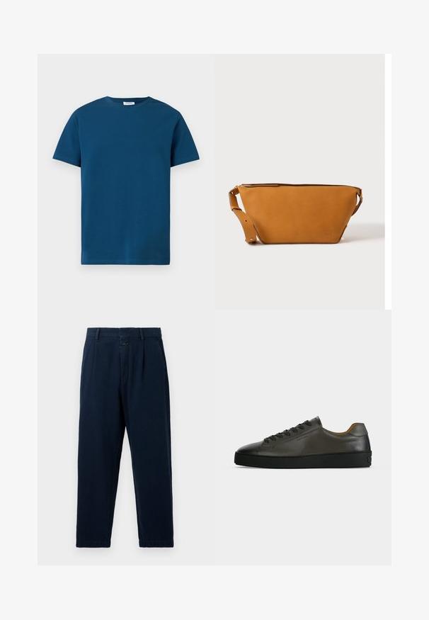 Tumesinine ümarakaelusega t-särk, valmistatud pehmest puuvillast, millel on lühikesed varrukad ja lihtsa, siledapinna ning sirge lõikega lõige.; CLOSED BLOMBERG - Baggy fit teksad - dark blue; Madal tumehall nahast tennisejalats mustade paelte ja tallaga, minimalistlik disain, külgvaade ühtlasel heledal taustal.; Helepruun nahast ristiaskott reguleeritava sangaga ja tõmblukuga sulgumisega, kujutatud ühevärvilise heleda tausta ees.