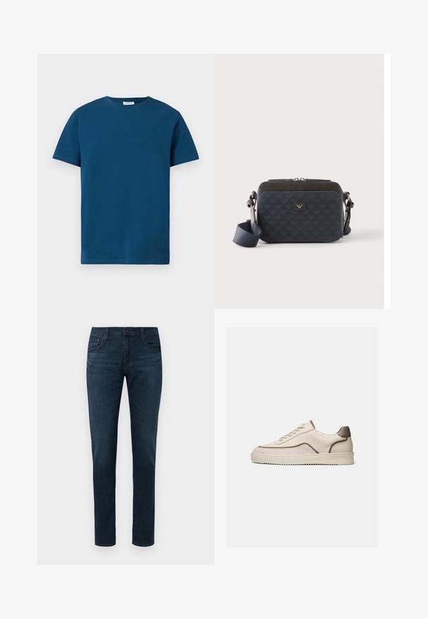 Camiseta de cuello redondo de color azul oscuro, hecha de algodón suave, con mangas cortas y una textura simple y lisa, con un corte recto.; Jeans oscuros de corte slim con cinco bolsillos, cierre frontal de botón y cremallera, exhibidos sobre un fondo blanco.; Zapatilla beige de corte bajo con cierre de cordones, paneles de ante y cuero, y suela de goma con relieves sobre un fondo blanco liso.; Bolso bandolera rectangular de color azul oscuro con correa ajustable, cierre de cremallera y un sutil patrón de logo en el panel frontal.