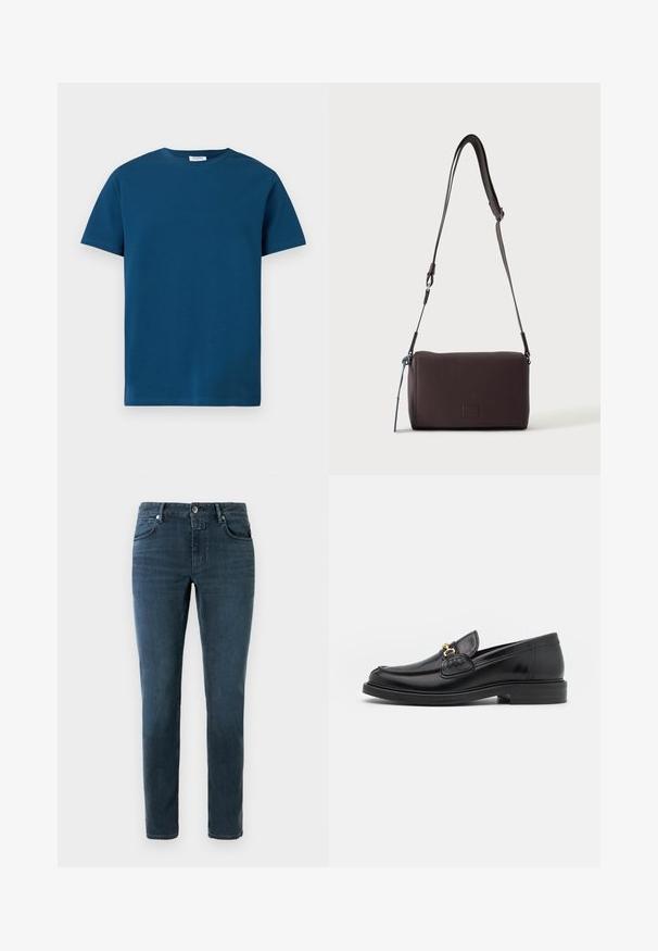 T-shirt bleu foncé à col rond en coton doux, avec des manches courtes et une texture simple et lisse, coupe droite.; Jeans bleu foncé à coupe slim, design à cinq poches et fermeture à bouton. Fabriqués en denim avec une texture lisse et un léger délavage.; Mocassins en cuir noir avec un embout rond, présentant des accents en métal doré et des détails de couture, montés sur une semelle en caoutchouc texturé et basse.; Sac bandoulière en cuir marron foncé texturé avec une sangle réglable et un petit accent décoratif bleu sur le côté.