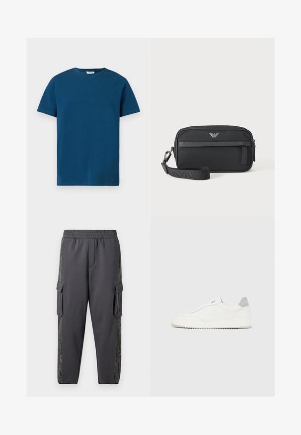 Dunkelblaues T-Shirt mit Rundhalsausschnitt aus weicher Baumwolle, mit kurzen Ärmeln und einfacher, glatter Textur sowie geradem Schnitt.; Graue Jogginghosen aus einem weichen Stoff, mit Cargo-Taschen und einem gemusterten Seitenstreifen für zusätzliche Details. Mit elastischem Bund.; Weißer Sneaker mit niedrigem Schaft, grauem Fersenlaschen, weißen Schnürsenkeln und einer strukturierten Sohle, dargestellt vor einem schlichten hellen Hintergrund.; Schwarze rechteckige Armbanduhr-Tasche mit vorderer Reißverschlusstasche, silbernem Logo-Emblem und abnehmbarem Riemen mit gebrandetem Text.