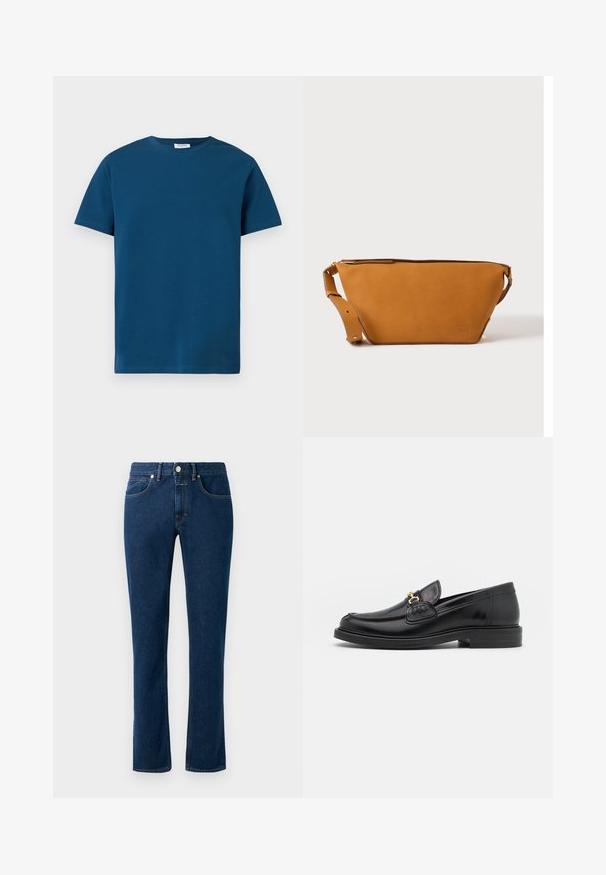 T-shirt bleu foncé à col rond en coton doux, avec des manches courtes et une texture simple et lisse, coupe droite.; Jean en denim bleu foncé avec un design slim à jambe droite, style classique à cinq poches et fermeture à bouton à la taille.; Mocassins en cuir noir avec un embout rond, présentant des accents en métal doré et des détails de couture, montés sur une semelle en caoutchouc texturé et basse.; Sac bandoulière en cuir marron clair avec sangle réglable et fermeture éclair, présenté sur un fond clair uni.