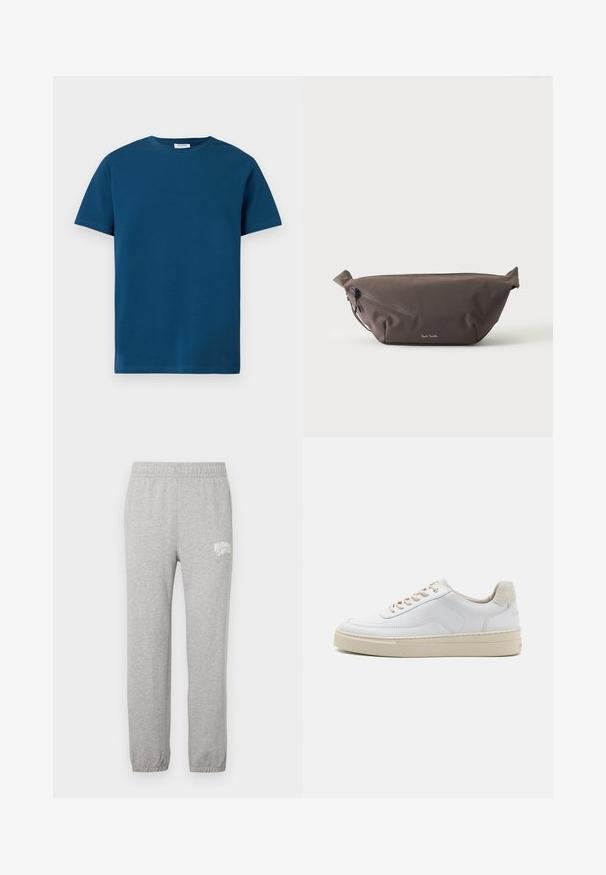 Dunkelblaues T-Shirt mit Rundhalsausschnitt aus weicher Baumwolle, mit kurzen Ärmeln und einfacher, glatter Textur sowie geradem Schnitt.; Graue Baumwoll-Sweatpants mit elastischem Bund und zulaufenden Beinen. Besitzt ein weißes Logo auf dem linken Oberschenkel. Glatte Textur.; Weiße Sneaker mit einem glatten Lederobermaterial, beigen Schnürsenkeln und einer strukturierten, beigen Wildleder-Fersenschlaufe. Erhöhte Sohle für zusätzlichen Komfort.; Dunkelbraune Stoff-Gürteltasche mit diagonalem Reißverschlussfach und kleinem weißen Logo vorne, vor einem einfarbigen hellen Hintergrund.