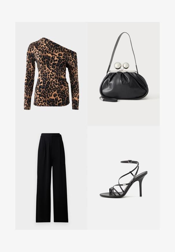 Haut à imprimé léopard avec un décolleté asymétrique, des manches longues et une silhouette ajustée en beige et noir. Tissu doux et extensible.; Pantalons larges noirs en tissu doux, dotés d'une taille haute et d'une ceinture à nouer assortie, avec une texture lisse et sans motifs visibles.; Sandale noire à talons hauts avec des brides fines, une boucle à la cheville, une surface en cuir lisse et un talon aiguille élancé.; Sac à main en cuir noir avec un design plissé, une sangle unique, un cadre métallique argenté et deux grandes fermoirs ronds en argent.