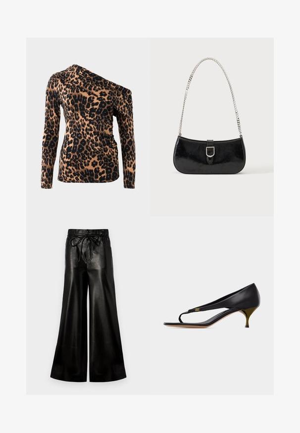 Hemd im Leopardenmuster mit asymmetrischem Ausschnitt, langen Ärmeln und taillierter Silhouette in Beige und Schwarz. Weicher, dehnbarer Stoff.; Schwarze Leder-Hosen mit weitem Bein und Kordelzugbund. Glatte Textur, hohe Taille, lockere Passform, mit seitlichen Taschen und Knopfverschluss.; Schwarze Sandale aus Leder mit niedrigem Pfennigabsatz, schmalem Zehenriemen und goldfarbenem Emblem an der Seite.; Schwarze Schultertasche aus Lackleder mit silberner Schnalle und silbernem Kettenriemen, auf hellem einfarbigen Hintergrund präsentiert.