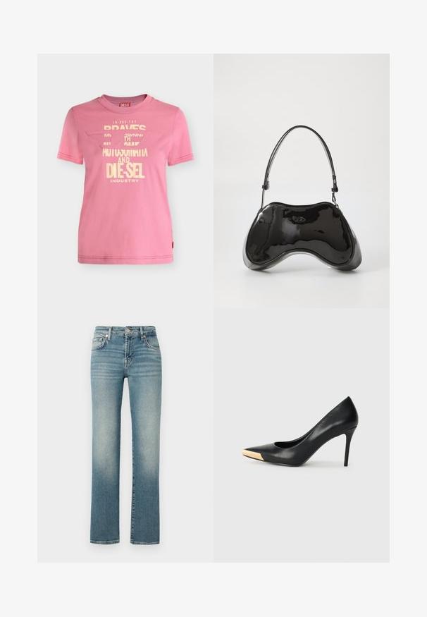 Pinkes Diesel T-Shirt mit kurzen Ärmeln, cremefarbenem Grafiktext und teilweise ausgeschnittenem Logo auf der Vorderseite.; Blaue Jeans aus Denim mit geradem Bein, mit ausgebleichten Bereichen, fünf Taschen-Design und Metallknopfverschluss an der Taille.; Schwarzer Leder-Pumps mit hohen Absätzen und spitzem Zehenbereich; verfügt über einen metallisch goldenen Akzent auf der Zehenkappe. Glatte Oberfläche mit einem eleganten Design.; Schwarze Handtasche aus lackiertem Leder mit einer einzigartigen, geschwungenen Form, kurzem verstellbarem Griff und einem Reißverschluss oben. Glatte Textur mit dezentem Branding.