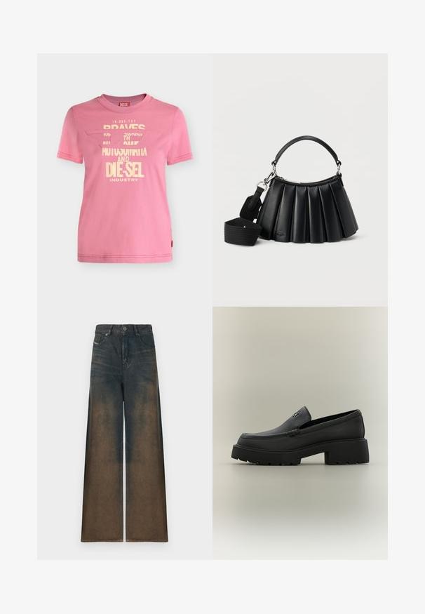 Roze Diesel merk T-shirt met korte mouwen, crèmekleurige grafische tekst en een gedeeltelijk uitgesneden logo aan de voorkant.; Wijd been jeans in donkerdenim, met een gradient vervaging van donker naar lichtbruin, voorzien van een klassiek vijf-pocket ontwerp en metalen knoopsluiting.; Zwarte leren loafer met dikke zool, blokhak en klein metalen logo op de bovenkant, weergegeven in profiel tegen een neutrale achtergrond.; Zwarte leren handtas met plooien, voorzien van een korte handgreep en een afneembare brede stoffen schouderriem, tegen een witte achtergrond.