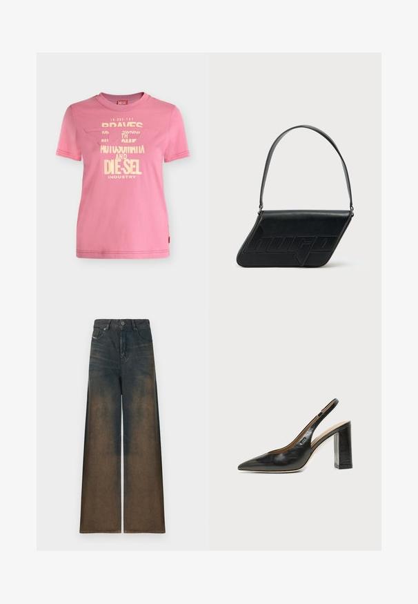 Pinkes Diesel T-Shirt mit kurzen Ärmeln, cremefarbenem Grafiktext und teilweise ausgeschnittenem Logo auf der Vorderseite.; Weite Jeans in dunklem Denim, mit einem Farbverlauf von Dunkel- zu Hellbraun, im klassischen Five-Pocket-Design und metallischem Knopfverschluss.; Schwarzer Leder-Slingback-Schuh mit spitzer Zehenpartie, Blockabsatz und kleinem Logo an der Seite, vor einfachem weißem Hintergrund.; Schwarze Leder-Umhängetasche mit dreieckiger Form, geprägt mit Logo und einem einzigen verstellbaren Riemen. Minimalistisches Design mit glatter Textur.