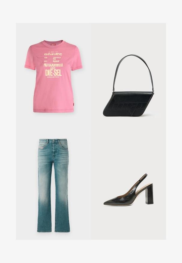 T-shirt à manches courtes de la marque Pink Diesel avec texte graphique crème et logo partiellement découpé sur le devant.; Jean en denim bleu clair avec une coupe évasée, dotés de poches avant et d'un délavage pour un aspect usé.; Chaussure slingback en cuir noir à bout pointu avec un talon bloc haut et une doublure intérieure beige sur un fond clair uni.; Sac d'épaule en cuir noir de forme triangulaire, avec un logo embossé et une seule bandoulière réglable. Design minimaliste avec une texture lisse.