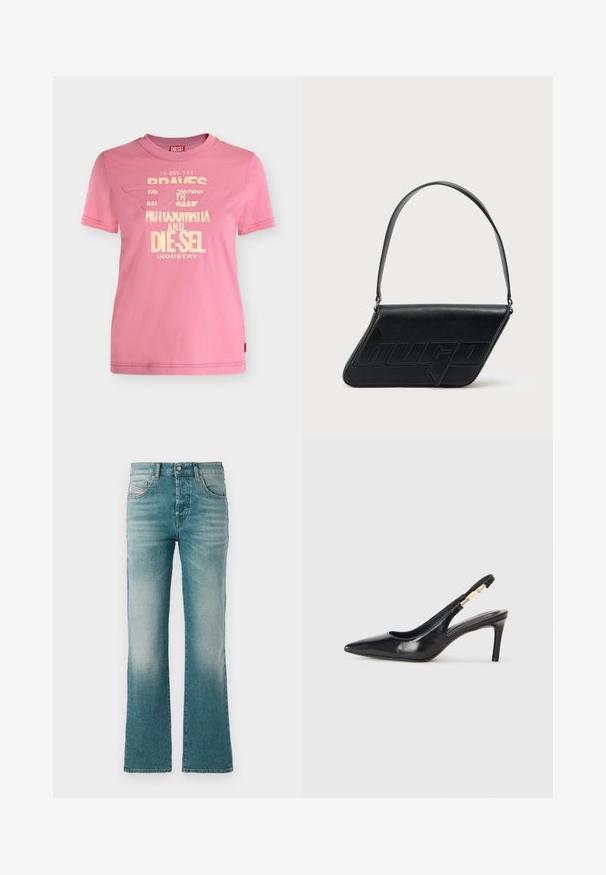 Pink Diesel kortærmet t-shirt med cremefarvet grafisk tekst og et delvist udskåret logo foran.; Lysblå denim jeans med en flagrende ben design, der har forlommer og en falmet vask for et slidt udseende.; Sort læder slingback højhælede sko med spidse tæer, glat overflade og en smal ankelrem med guldfarvede hardware detaljer.; Sort skuldertaske i læder med trekantet form, præget logo og en enkelt justerbar rem. Minimalistisk design med glat tekstur.
