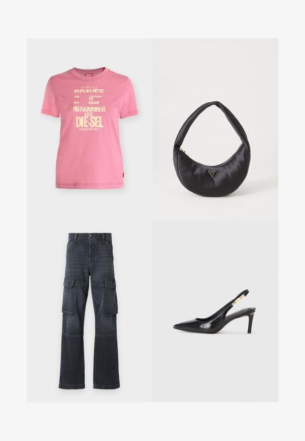 Pink Diesel kortærmet t-shirt med cremefarvet grafisk tekst og et delvist udskåret logo foran.; Mørkegrå cargo bukser lavet af denim, med to sidelommer og en bred ben design. Syede detaljer langs sømme og kanter.; Sort læder slingback højhælede sko med spidse tæer, glat overflade og en smal ankelrem med guldfarvede hardware detaljer.; Sort satin håndtaske med en buet form, der har en lynlåslukning og et trekantet logo i metal på forsiden. Glat tekstur og slankt design.