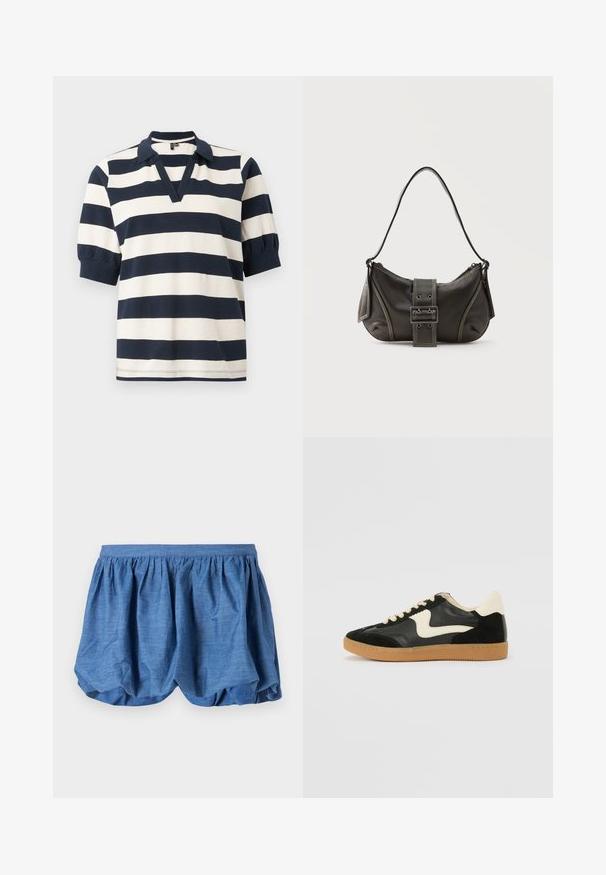 Stribet bomulds polo skjorte med hvide og marineblå vandrette striber, korte puffærmer, V-udskæring og ribbet krave.; Blå, letvægts shorts med en samlet elastisk talje og et blødt, tekstureret design. Har en blød stoffinish med en afslappet pasform.; Sorte ruskinds- og lædersneakers med en cremefarvet side-swoosh og lys cremefarvet hæl. Har beige snørebånd og en gummirubber-sål.; Sort læder skuldertaske med spænde på remmen, afrundede kanter og kontrasterende hvide syninger på en ensfarvet baggrund.
