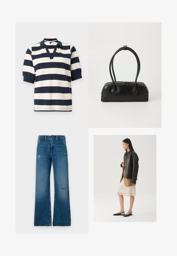 Gestreiftes Baumwoll-Polohemd mit weißen und navyblauen horizontalen Streifen, kurzen Puffärmeln, V-Ausschnitt und geripptem Kragen.; Helle blue Jeans im weit geschnittenen Stil mit einer ausgeblasenen Textur, die zwei abgedroschene Stellen auf der Vorderseite aufweisen, einen Knopfverschluss und ein Fünf-Taschen-Design haben.; Schwarze Lederjacke über einem braunen Oberteil, kombiniert mit einem hellen cremefarbenen Slip-Kleid mit Spitzenbesatz und schwarzen Slingback-Schuhen.; Schwarze Lederhandtasche mit zwei verlängerten Griffen, Reißverschluss und runder Form; glatte Textur mit subtiler glänzender Oberfläche.