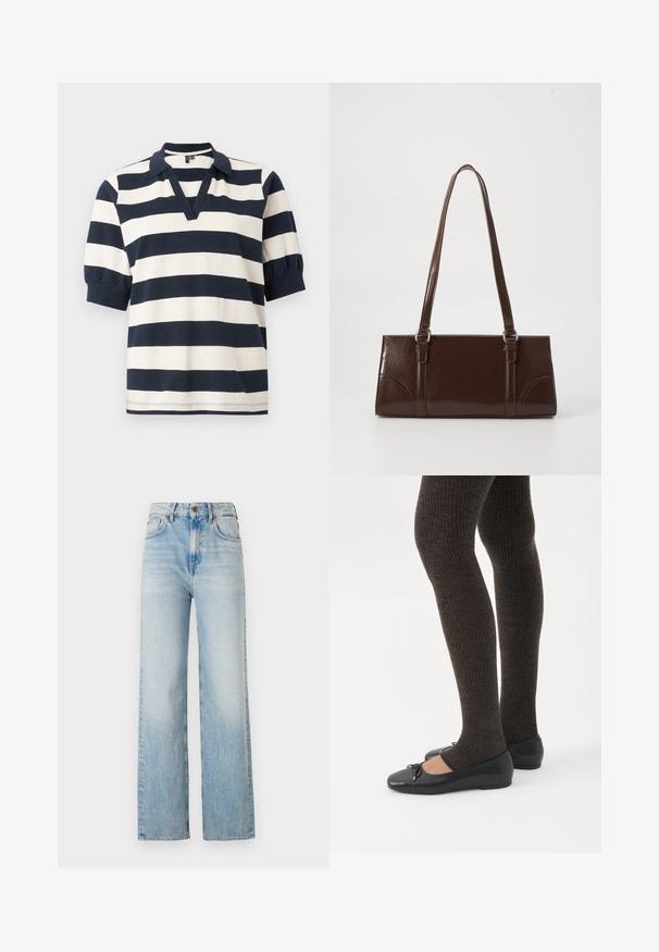 Gestreepte katoenen poloshirt met witte en marineblauwe horizontale strepen, korte pofmouwen, V-hals en geribde kraag.; Lichtblauwe wijde jeans van denim, met een hoge taille, subtiele vervaging en een traditionele vijf-pocketontwerp met contrasterende stiksels.; Benen met donkere geribbelde leggings gecombineerd met zwarte ballerina's met kleine strikdetails op een witte achtergrond.; Bruine lakleren handtas met een rechthoekige vorm, twee lange handvatten en subtiele gebogen accenten aan de voorkant.