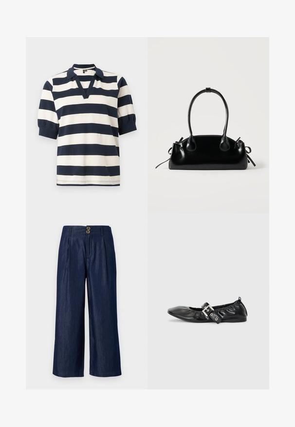 Gestreiftes Baumwoll-Polohemd mit weißen und navyblauen horizontalen Streifen, kurzen Puffärmeln, V-Ausschnitt und geripptem Kragen.; Weite Denim-Hosen in Dunkelblau mit doppeltem Knopfverschluss, ausgestattet mit Falten, einer glatten Textur und einem geraden Saum.; Schwarze Leder-Ballerinas mit spitzem Zehenbereich, gerafften Details am Schaft und einem silbernen Schnallenakzent am verstellbaren Riemen.; Kleine schwarze glänzende Handtasche mit zwei langen Griffen und seitlichen Kordelzug-Details vor einfachem hellem Hintergrund.