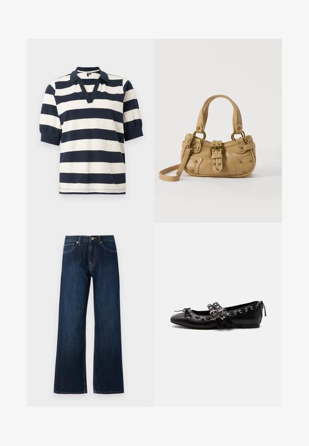 Camisa polo de algodón a rayas con rayas horizontales blancas y marinas, manga corta tipo abullonada, escote en V y cuello de canalé.; Pantalones vaqueros de pierna ancha de color azul oscuro, hechos de denim, con cremallera, cierre de botón y dos bolsillos frontales con costuras en contraste.; Zapato de ballet plano negro con correas de doble hebilla, ojales plateados y un pequeño lazo cerca de la puntera redondeada sobre un fondo blanco.; Bolso de cuero beige con doble asa, hebilla y remaches de latón, y una correa de hombro ajustable sobre un fondo blanco.