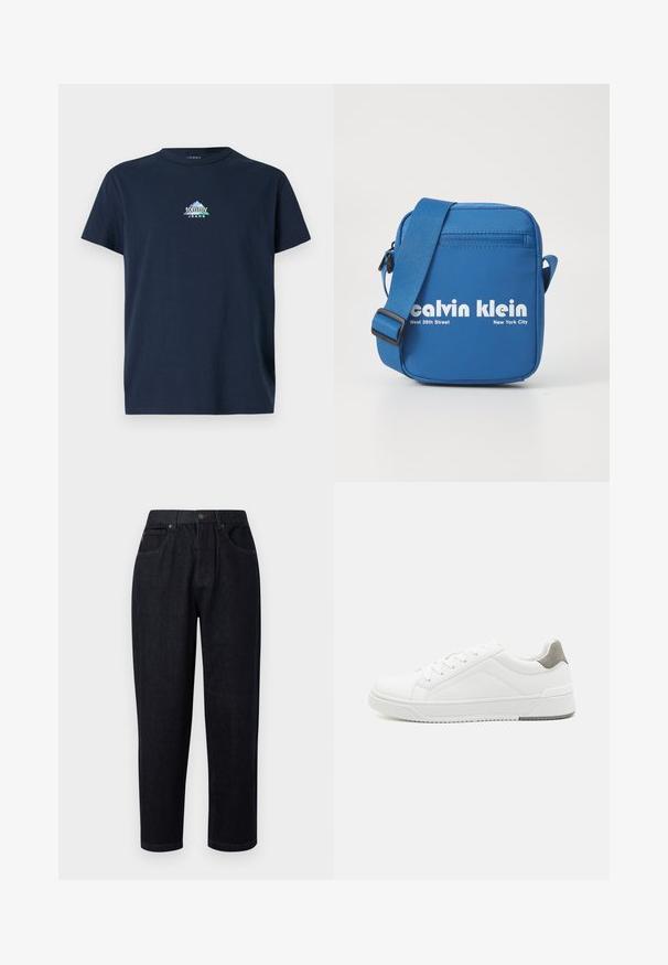 Mørkeblå bomulds T-shirt med korte ærmer og rund halsudskæring, med et hvidt og grønt bjerglogo og teksten "tommy JEANS" på brystet.; Mørkeblå denimbukser med en afslappet pasform, der har knap- og lynlåslukning, to forlommer og stikninger som pynt.; Hvid sneaker lavet af glat læder, rund tå, minimalistisk design, grå hælafsats og tekstureret gummisål.; Blå crossover taske med justerbar skulderrem, forlommer med lynlås og fremtrædende hvid brandtekst. Lavet af glat materiale med rektangulær form.