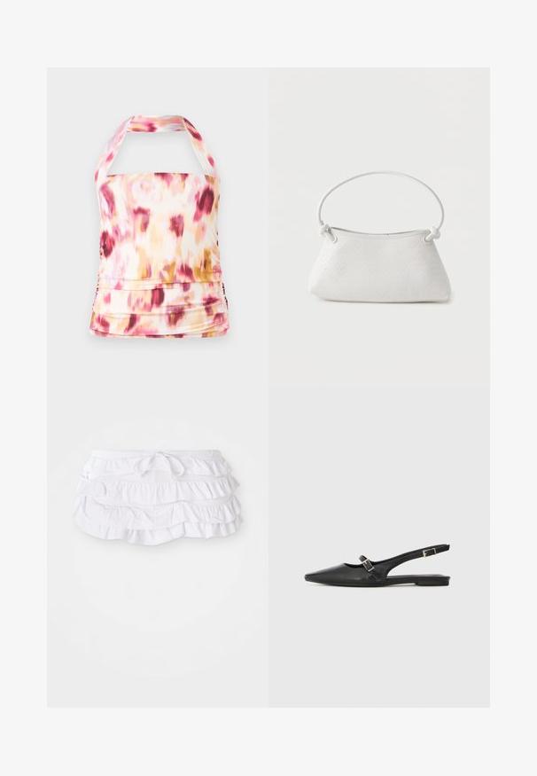 Halter neck top i let materiale med et pink, gult og hvidt tie-dye mønster. Har sammenfoldet detaljer og en tætsiddende silhuet.; Hvid rynket svømmedragt med flere lag, der har en justerbar snøre i taljen. Blødt stof med en glat tekstur.; Sorte læder slingback-sko med spids tå, med en smal rem og en sølvspænde-detalje på siden. Flad sål.; Hvid fletlæderhåndtaske med afrundet håndtag og ender på remmen, der er knyttet, vist mod en ensfarvet baggrund.