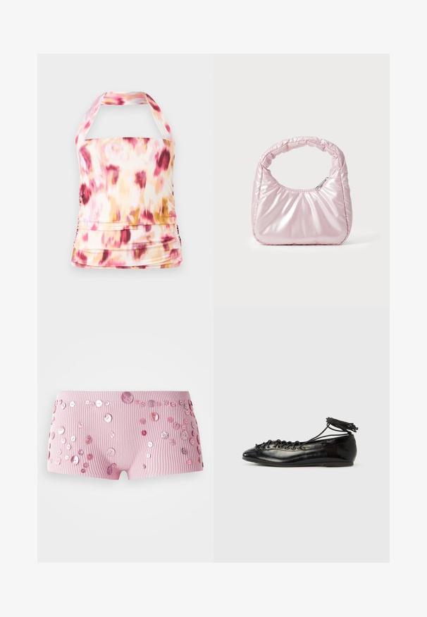 Halter neck top i let materiale med et pink, gult og hvidt tie-dye mønster. Har sammenfoldet detaljer og en tætsiddende silhuet.; Lyserøde ribbede shorts prydet med forskellige størrelser af skinnende lyserøde knapper spredt over stoffet.; Sorte balletflade sko i laklæder med rundet tå, snørelukning og flad sål. Glat tekstur med få detaljer.; Rosa, polstret håndtaske med afrundet design, lavet af skinnende materiale. Har et samlet håndtag og en lynlås til sikker adgang.
