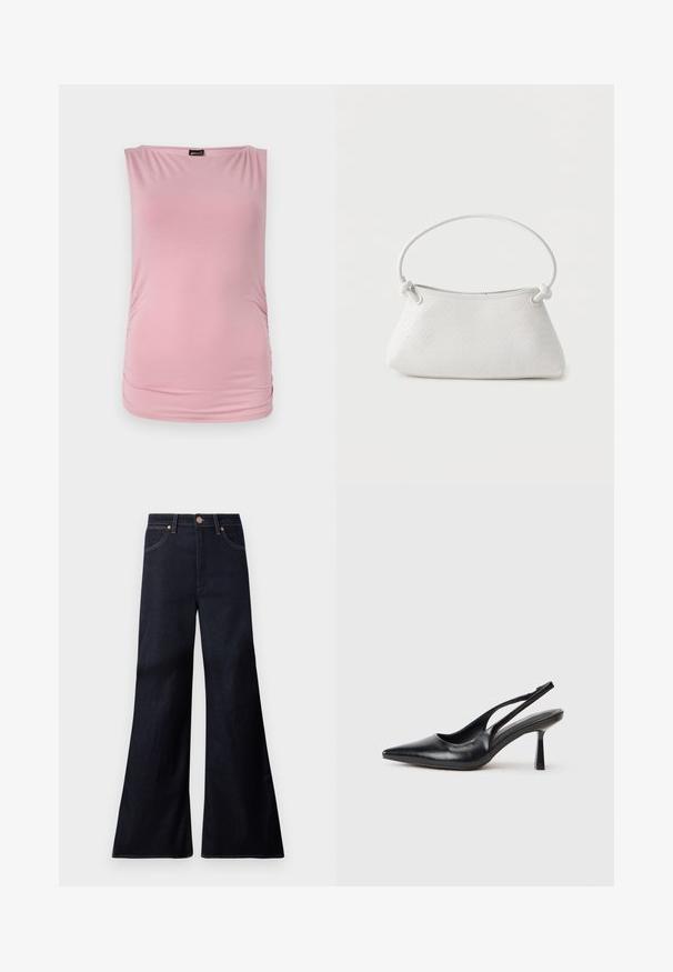 Haut sans manches rose en matière douce et extensible. Il présente un décolleté arrondi et des côtés froncés pour une silhouette ajustée.; Jean en denim indigo foncé taille haute, coupe large évasée, bouton à l'avant, fermeture éclair et deux poches avant avec rivets en cuivre.; Chaussure à talon haut en cuir noir, à bride arrière, avec un bout pointu et un talon fin sur fond blanc.; Sac à main en cuir tressé blanc avec poignée arrondie et extrémités de lanière nouées, présenté sur un fond uni.
