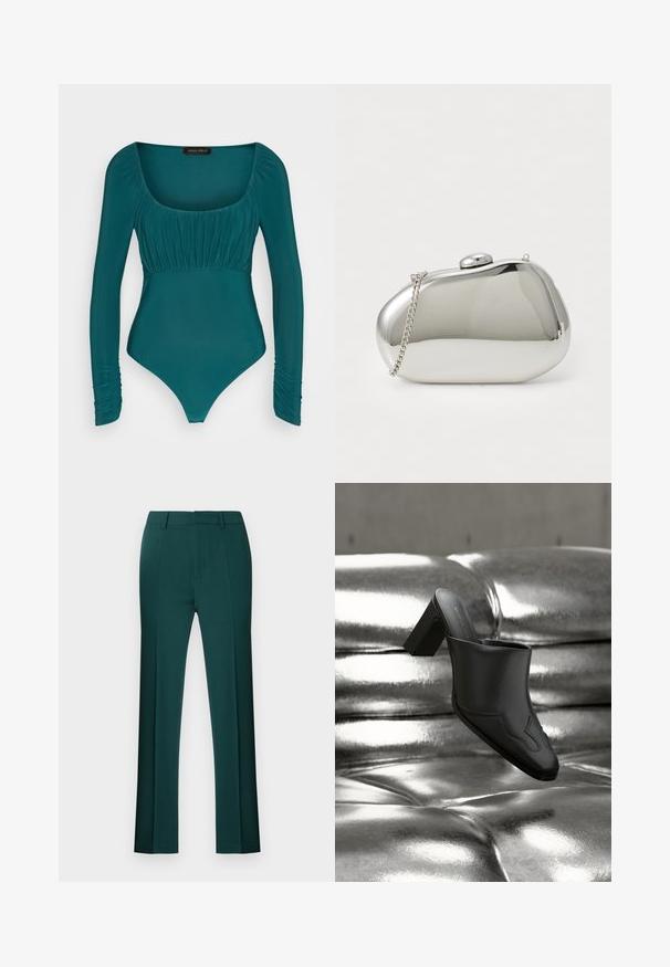 Bodysuit vert d'eau à manches longues avec décolleté carré, détails froncés au niveau de la poitrine et coupe ajustée. Texture douce et lisse.; Pantalon vert foncé, fabriqué en tissu lisse. Caractéristiques : coupe ajustée, devant plat et jambes droites avec un ourlet net. Sans motifs ni accents visibles.; Mule en cuir noir avec talon bloc reposant sur une surface argentée brillante capitonnée, mettant en valeur son design élégant et ses détails incurvés.; Pochette en métal argenté avec une forme arrondie et lisse. Dispose d'une fermeture à clip et d'une bandoulière détachable. Surface réfléchissante sans motifs.