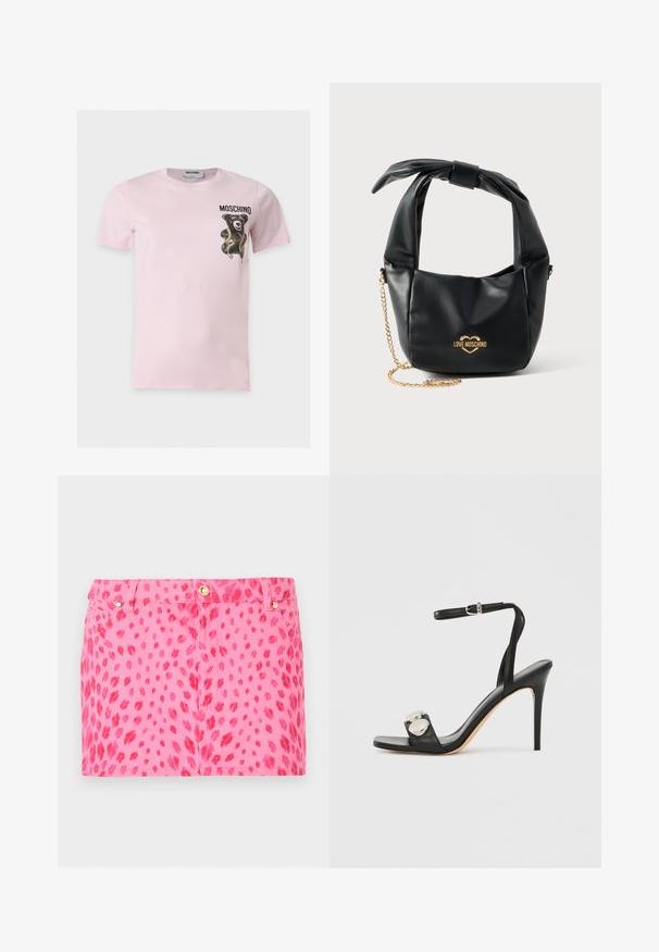 T-shirt rose clair à manches courtes avec un petit graphique d'ours en peluche noir et un ruban à mesurer sur le côté gauche de la poitrine, texte ""MOSCHINO"" au-dessus de l'ours.; Mini-jupe en denim rose avec imprimé léopard rouge, bouton doré et détails rivetés, avec poches avant et passants de ceinture.; Sandale à talons hauts noire avec une bride à la cheville, présentant une tige en cuir lisse, un bout carré et deux accents métalliques ronds.; Sac à main Love Moschino en cuir noir souple avec poignée nouée et bandoulière chaîne dorée sur fond blanc.