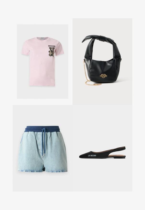 Lyserød kortærmet t-shirt med et lille sort teddybjørnsgrafik og målebånd på venstre bryst, tekst ""MOSCHINO"" over bjørnen.; Lyst blå denim shorts med en elastisk marineblå talje. Har en snøre med sølvmetal spidser og et afslappet pasform design.; Sort spids slingback flad sko med lav hæl og "LOVE MOSCHINO"-logo på siden mod en enkel lys baggrund.; Sort blød læder Love Moschino håndtaske med knyttet håndtag og guldkæde-strop på hvid baggrund.