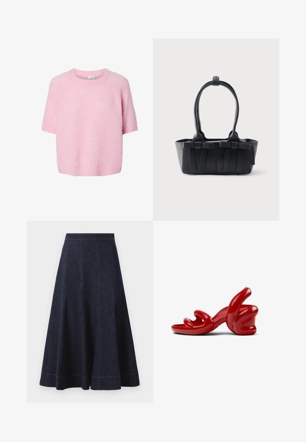 Suéter suave de manga corta y peludo en color rosa claro, con cuello redondo y un ajuste holgado, presentado sobre un fondo blanco.; Falda de mezclilla azul oscuro con una silueta acampanada, que presenta detalles de costuras verticales y un hilo naranja contrastante a lo largo del dobladillo.; Sandalias de tacón alto rojas con acabado brillante, que presentan formas de manos curvas y abstractas como tirantes y un tacón grueso para mayor estabilidad.; Bolso de cuero negro con dos asas, correas decorativas y base rectangular sobre un fondo claro y liso.
