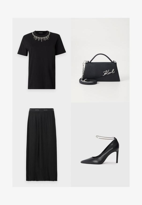 Camiseta negra de manga corta hecha de algodón, con un cuello decorativo de strass en patrón de ráfaga. Diseño ligero y ajustado.; Falda midi negra plisada con cinturilla elástica, con el logotipo de Calvin Klein en blanco repetido.; Zapato de tacón alto de cuero negro con puntera afilada, que presenta una delgada correa de tobillo de cadena plateada y una textura elegante y suave.; Bolso de mano de cuero negro con forma triangular, detalle del logo "Karl" en plata y cadena desmontable. Textura suave y diseño estructurado.