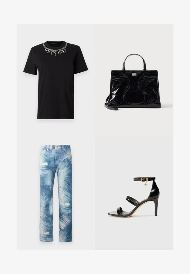 Sort T-shirt med korte ærmer lavet af bomuld, med en dekorativ krave af rhinsten i et udbrudsmønster. Letvægtsdesign og tætsiddende pasform.; Blå denimjeans med slidt look, med falmede pletter, whiskering-effekter og lette revner, med forlommer og knaplukning.; Sorte patenterede lædersandaler med tre stropper, ankelspænde og 10 cm stiletthæl. Har detaljer i guld og et logo charms.; Sort blank læderhåndtaske med korte håndtag, aftagelig skulderrem og subtile buede syninger foran.