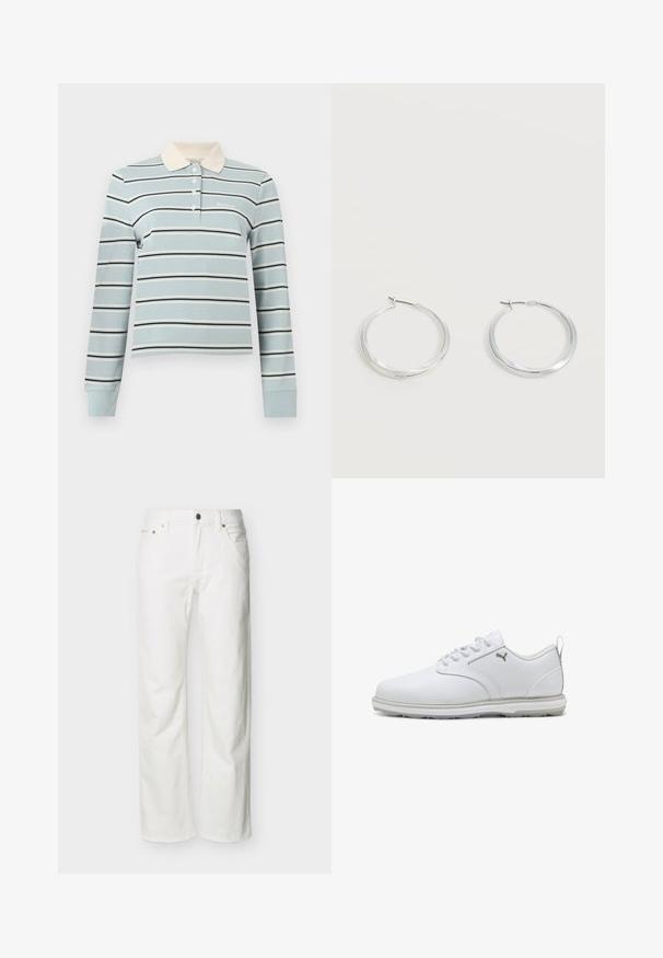 Lichtblauw poloshirt met lange mouwen met witte en marineblauwe strepen, crème kraag, knoopsluiting en klein "Barbour"-logo op de borst.; Witte jeans met rechte pijpen, voorzakken, riemlussen, knoopsluiting en zichtbare stiksels tegen een effen achtergrond.; Witte sportschoenen met een gladde synthetische lederen bovenkant, geperforeerde accenten, gewatteerde kraag en rubberen zool met goede grip. Zilveren logo detail.; Zilverkleurige metalen creolen oorbellen met een glad, licht gebogen oppervlak en sluitingen met haaksluiting op een effen witte achtergrond.