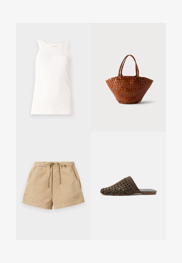 Valge ribaga tank-top ümarate kaelustega ja laiade rihmadega. Omab peent logo detaili allääres. Pehme kangas ja kaalutud lõige.; Khaki lühikesed püksid pehmest kangast, elastse vöökoha ja nööriga, kahe küljetaskuga ja mugava lõikega.; Pruun kootud libisev mule lamedapõhjaga ja suletud ümar varbaosaga valgel taustal.; Pruun punutud nahast käekott, mille alumine osa on lai ja kitseneb ülespoole, ning kaks punutud käepidet, esitatud ühtlasel heledal taustal.