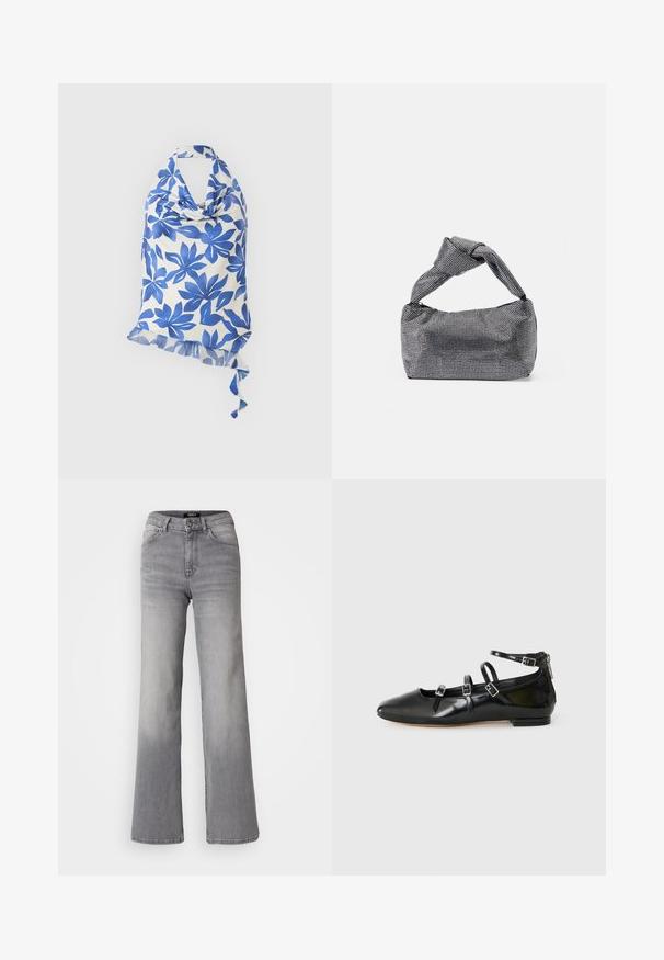 Weißes Neckholder-Top mit blauem Blumenprint, vorne geknotet und einem gerafften, asymmetrischen Saum mit einer hinten gebundenen Schlaufe.; Hochtaillierte graue Denim-Jeans mit geradem Bein, Frontknopf und Reißverschluss, Vorder- und Gesäßtaschen sowie ausgewaschenen Schattierungen an Oberschenkeln und Waden.; ALDO NELTA - Klassischer Ballerina - black; Schwarz-silberne Handtasche mit einer strukturierten Oberfläche, die ein Diamantmuster aufweist, einem geknoteten Griff und einer strukturierten Form.