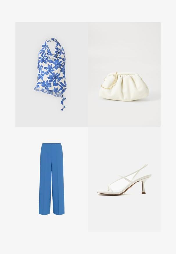 Top blanco de cuello halter con estampado floral azul, anudado en la parte delantera y un dobladillo asimétrico con volantes y lazo trasero.; Pantalones de pierna ancha azules, confeccionados con un tejido suave, que presentan un pliegue frontal y una cinturilla plana sin cierre visible.; Sandalia blanca de mujer con tacón, puntera abierta, tiras delgadas cruzadas y talonera en un fondo claro.; Bolso de mano de cuero blanco con un diseño recogido, cuenta con una cadena dorada y forma redondeada. Textura suave con pliegues suaves y sin patrones.