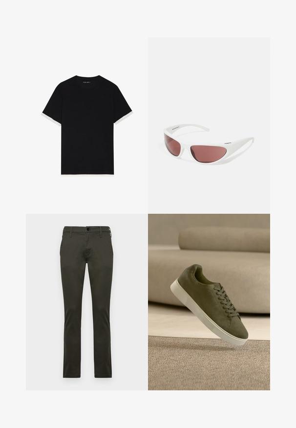 Čierne tričko s krátkym rukávom z textúrovanej látky, s bielymi akcentmi na manžetách. Okrúhly výstrih, voľný strih.; Khaki chinos so slim fit, vyrobené z hladkej bavlnenej tkaniny. Obsahujú štandardné zapínanie na gombík a pútka na opasok. Dizajn s plochým predným dielom.; Semišová teniska oliva zelenej farby s bielou podrážkou a šnúrkami, ktoré levitujú nad béžovým kobercom pred svetlo béžovou pohovkou.; Arnette NINETEETWO - Slnečné okuliare - white