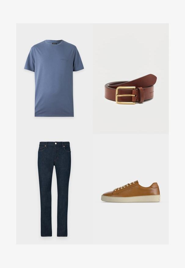 T-shirt bleu uni à manches courtes avec col rond et petit logo brodé discret sur la poitrine gauche.; Jean denim bleu foncé avec une coupe slim, doté d'un design classique à cinq poches, de rivets en cuivre et d'une fermeture à bouton à la taille.; Baskets basses en cuir marron avec lacets crème et semelle épaisse en caoutchouc crème, vues de profil sur fond blanc.; Ceinture en cuir marron avec boucle rectangulaire dorée, roulée sur un fond blanc uni.