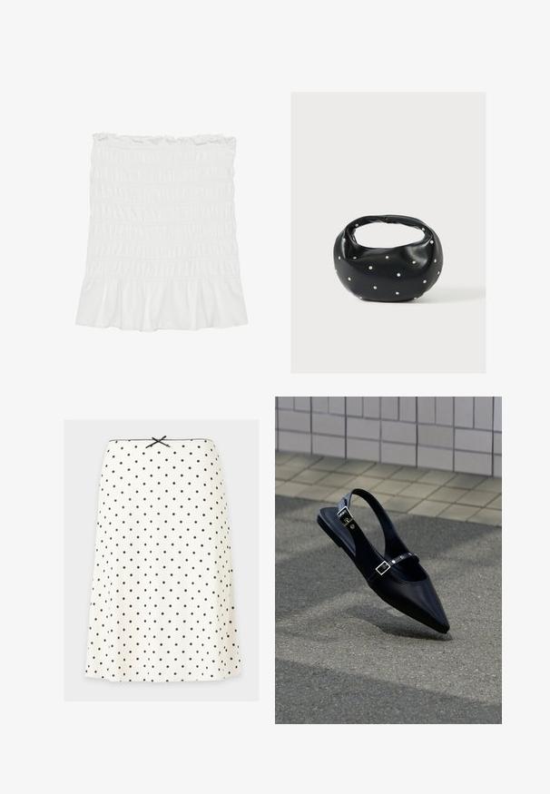 Jupe blanche en tissu smocké avec un ourlet volanté et une taille élastique, présentant une surface texturée et un design fluide.; Jupe blanche trapèze à pois noirs, un petit nœud noir à la taille, et un bord festonné le long du bord supérieur.; Mocassin noir à bout pointu et bride arrière, avec double boucle, posé sur un asphalt gris près d'un mur carrelé en arrière-plan.; Sac à main en cuir noir de forme arrondie, décoré de clous argentés et équipé d'une poignée courte. Texture lisse et fermeture éclair.