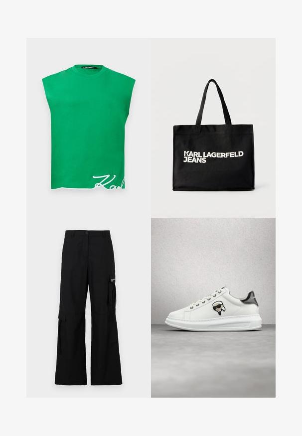 Top verde sin mangas con hombreras acolchadas y texto en cursiva blanco "Karl" cerca del dobladillo inferior sobre un fondo blanco.; Pantalones cargo negros con un diseño de pierna ancha, que cuentan con bolsillos laterales, un cierre de botón y están hechos de un tejido ligero.; Zapatilla blanca de Karl Lagerfeld con cordones, parche de logo en negro y beige, y pestaña metálica plateada en el talón, flotando sobre un suelo gris.; Bolsa tote negra con asas dobles, con el logo de texto blanco "KARL LAGERFELD JEANS" centrado en la parte delantera.