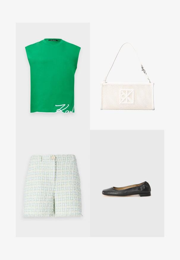 Haut vert sans manches avec épaules rembourrées et texte cursif blanc « Karl » près de l'ourlet inférieur sur un fond blanc.; Shorts en tweed de couleur bleu clair et jaune pâle avec un motif à grille texturé. Dotés d'une fermeture à bouton à l'avant et d'une coupe ajustée.; Ballerines en cuir noir avec un bout arrondi et des coutures minimales. Talon bas et rectangulaire avec une texture lisse. Détails subtils de doublure intérieure.; Sac à main rectangulaire en maille blanche avec une seule bandoulière et un emblème décoratif carré sur le devant.